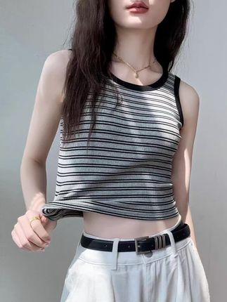 歌倍尚撞色条纹吊带背心女2024夏季新款遮副乳内搭打底衫无袖上衣#穿搭 #夏天穿搭 #夏季穿搭 #短袖 #短袖t恤