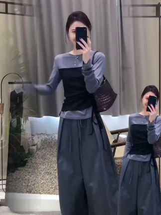 时尚撞色拼接假两件长袖上衣女2025春秋新款系带收腰阔腿裤套装潮