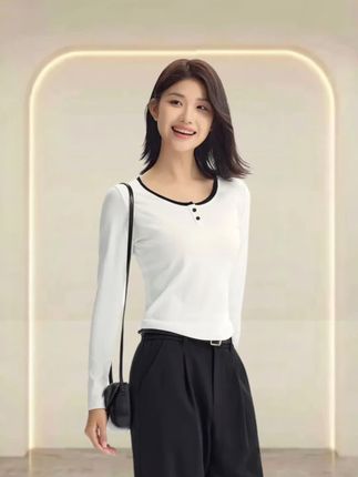 森马长袖T恤女短款撞色打底衫简约风秋季假两件修身衣服显瘦百搭#春秋穿搭 #百搭上衣 #森马 #假两件上衣 @DOU+上热门