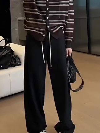 【158村姑】拼色直筒休闲西裤女早秋大码胖mm遮胯显瘦抽绳阔腿裤子