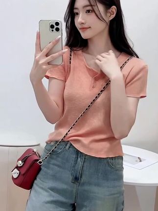 蓝语韩系洋气衣服木耳边设计感短袖t恤夏季休闲衣服女慵懒风上衣 #夏季穿搭 #时尚洋气百搭小衫 #百搭t恤 #百搭上衣 #简约穿搭