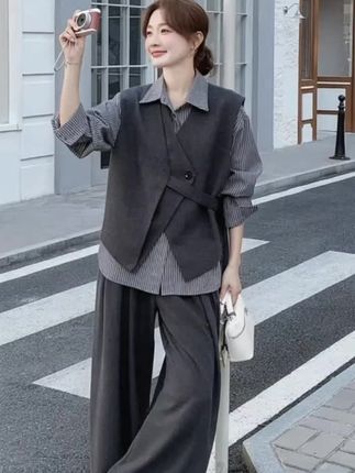 韩系设计感不规则马甲条纹衬衫长裤2025春秋新款松弛感ins三件套