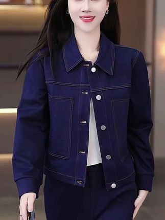 洋气春秋开衫牛仔两件套时尚韩版长袖翻领女士气质秋季大码外套女