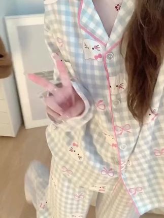 ins格子长袖亲肤棉纱睡衣女2025新款春秋季卡通kitty家居服套装夏
