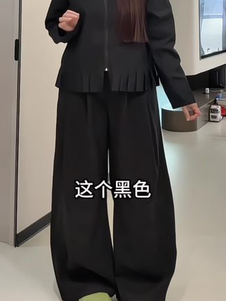秋季新款复古休闲大码设计感压褶衬衫高腰宽松弯刀裤两件套#套装 #套装 #两件套