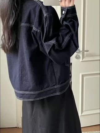 #上热门 防掉色 复古明线」牛仔外套女 秋季韩版休闲百搭圆领设计感