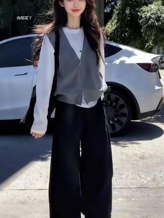 秋季新款设计感韩系百搭休闲风马甲女打底衫休闲阔腿裤三件套#套装#休闲减龄穿搭 #时尚气质穿搭 #减龄显瘦穿搭 #慵懒风穿搭