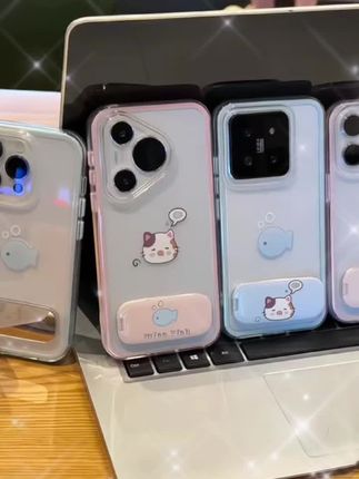 奥菲顿小猫想鱼镜面支架适用苹果16透色手机壳 华为vivo小米15oppo#手机壳#创意手机壳#强烈 推荐#颜值高#爱了爱了