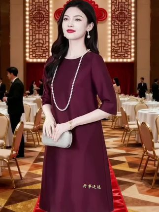 高端轻奢喜婆婆婚宴装连衣裙女2025春秋新款收腰显瘦遮肚晚礼服裙#婚庆礼服 #优雅气质 #减龄气质 #婚礼妈妈礼服 #新款连衣裙