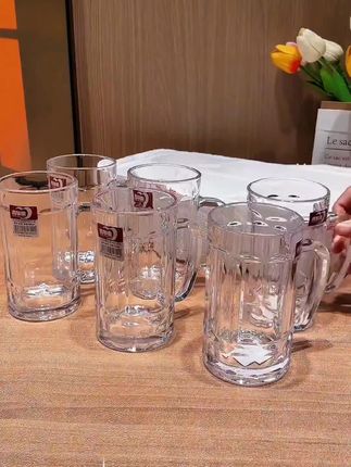 【六只装】玻璃杯带把商用家用泡茶杯啤酒杯套装加厚大容量饮料扎啤 #啤酒杯 #玻璃杯 #大容量 #扎啤 #杯子