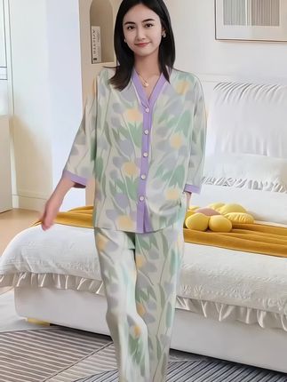 猫人100%#纯棉 #带胸垫睡衣 女郁金香#V领 春夏开衫#可外穿 #家居服套装