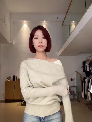 HHYB Hello拼接露肩针织衫外穿撞色设计感套头毛衣气质上衣#今日穿搭 #高级感穿搭 #女装 #简约穿搭 #时尚休闲女装