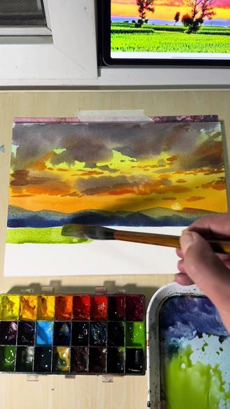 #跟着抖音学画画 #画画其实很简单 #绘画教程
一分钟教你画晚霞#水彩画