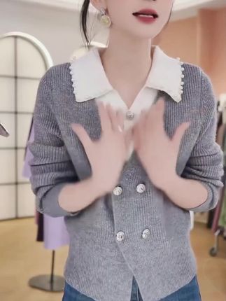 灰色假两件毛衣女长袖2025秋冬新款气质设计感慵懒风针织衫上衣潮#长袖上衣#针织衫#厂家直发