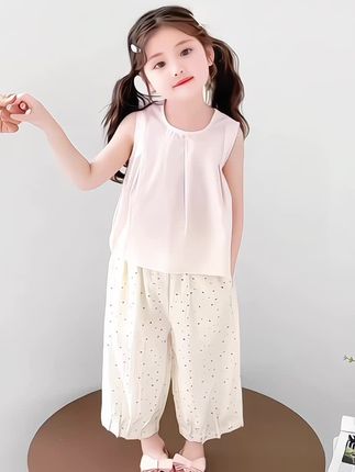 女童无袖娃娃衫彩色点点套装,2025夏季新款 时尚波点两件套潮。时尚又洋气套装推荐。