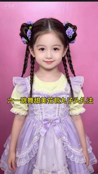 六一女儿甜美花苞丸子头扎法#可爱编发 #儿童汉服发型扎法 #甜美丸子头