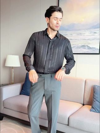 垂感长袖衬衫男士条纹质感衬衣 黑白灰三色可选轻松应对不同场合#推荐#衬衫穿搭 #气质感穿搭 #极简穿搭 #衬衣穿搭