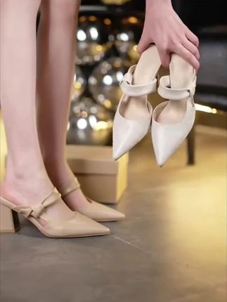 尖头粗跟半拖凉鞋女2025春夏新款外穿一字带软皮包头高跟鞋穆勒鞋