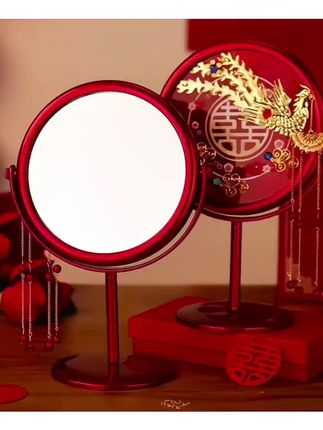 结婚礼镜子一对女方陪嫁用品红色出嫁喜镜新娘梳妆镜备婚物品大全