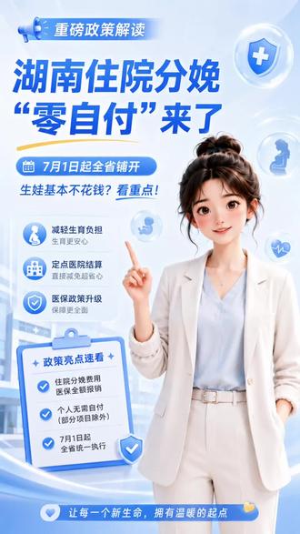 “湖南住院分娩‘零自付’来了” 湖南 2026 年 7 月 1 日起,全省实现政策范围内住院分娩费用个人“零自付”