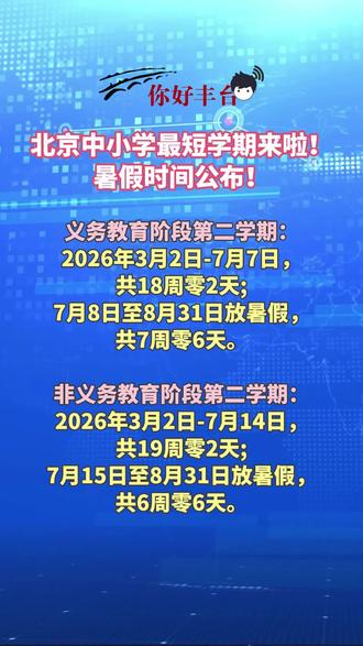 北京中小学最短学期来啦!暑假时间发布! 随着2026年春节假期的结束,寒假已进入尾声。根据北京市教委发布的2025至2026学年度第二学期校历,北京市中小学生将于3月2日正式迎来新学期。
2025至2026学年度(第二学期)各级各类学校校历
一、普通中小学、中等职业学校
义务教育阶段第二学期:
2026年3月2日-7月7日,共18周零2天;
2026年7月8日至8月31日放暑假,共7周零6天。
非义务教育阶段第二学期:
2026年3月2日-7月14日,共19周零2天;
2026年7月15日至8月31日放暑假,共6周零6天。#中小学 #开学 #暑假 #教育 #北京