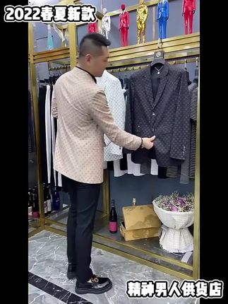欧货秋季男士商务休闲西服长袖印花单排扣潮流外套男西装男装