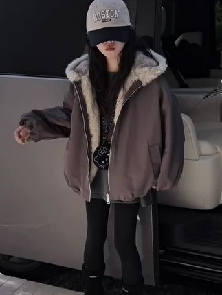 女童外套秋冬洋气加绒派克服中大童冬装两面穿连帽加厚百搭宽松潮