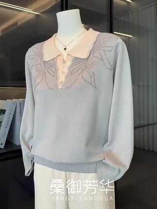 2025新款中年妈妈秋装洋气针织打底衫中老年女装春秋翻领长袖毛衣气质母亲