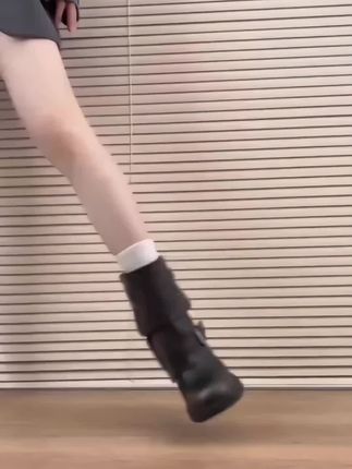内增高西部牛仔靴女厚底褶皱堆堆靴子黑色圆头复古短靴粗跟骑士靴